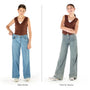 Visual shows how Pants for Peanuts wide leg jeans fit better in comparison to other brands for tall skinny girls.