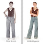 Visual shows how StiltBird Apparel's wide leg jeans fit better in comparison to other brands for tall skinny girls.