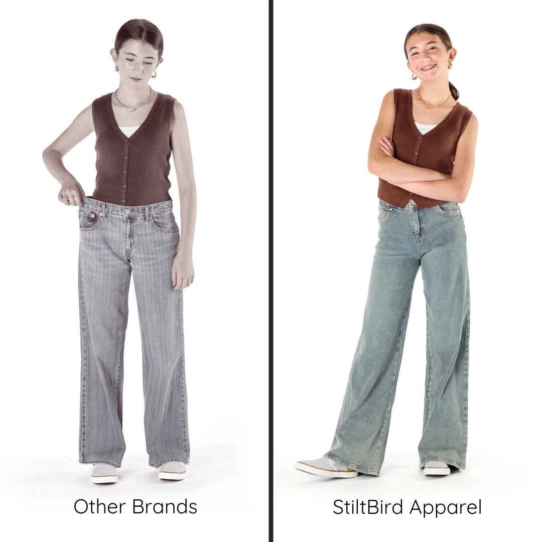 Visual shows how StiltBird Apparel's wide leg jeans fit better in comparison to other brands for tall skinny girls.