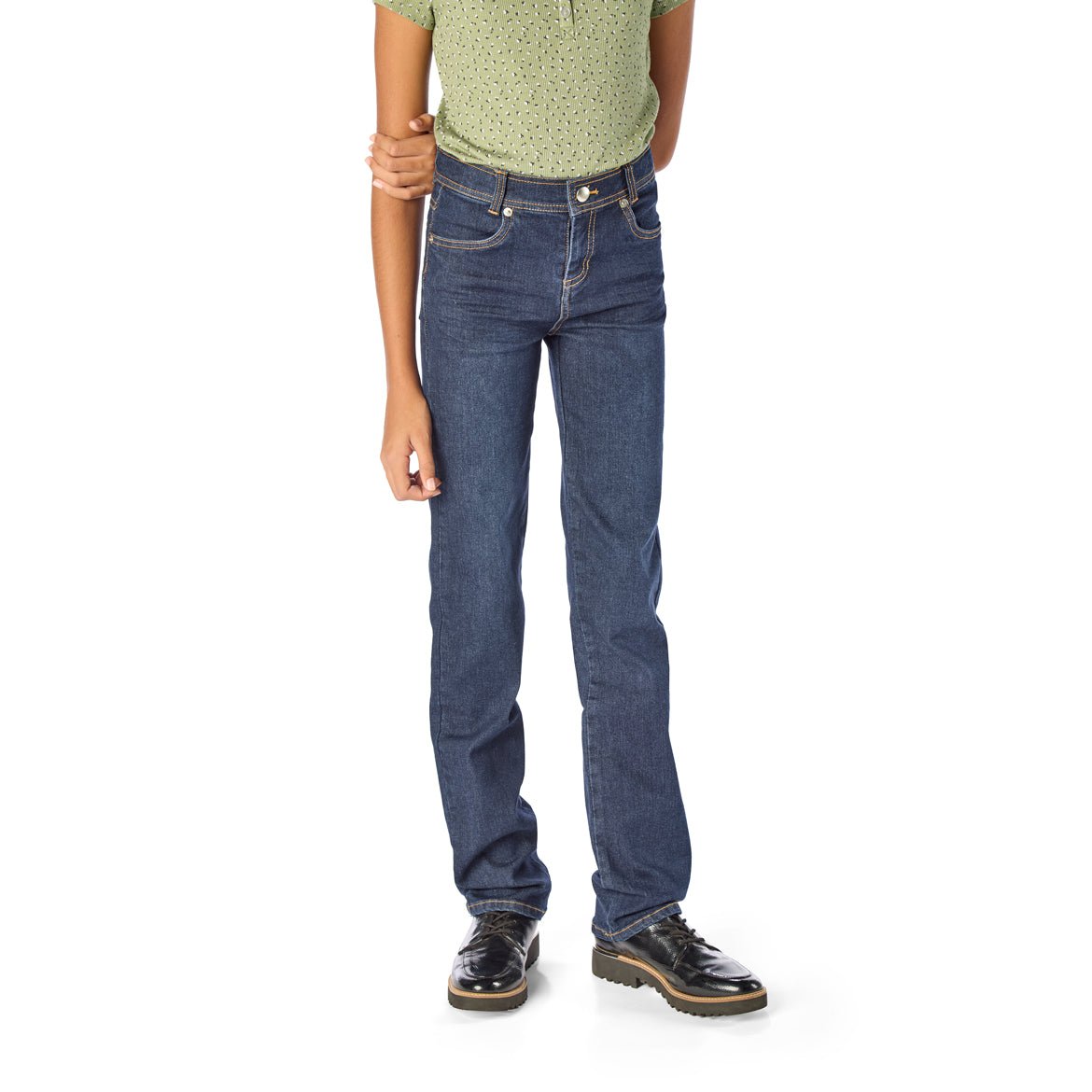 Front of Tall Skinny Girl Wearing Dark Wash Slim-Fit Jeans / StiltBird Apparel