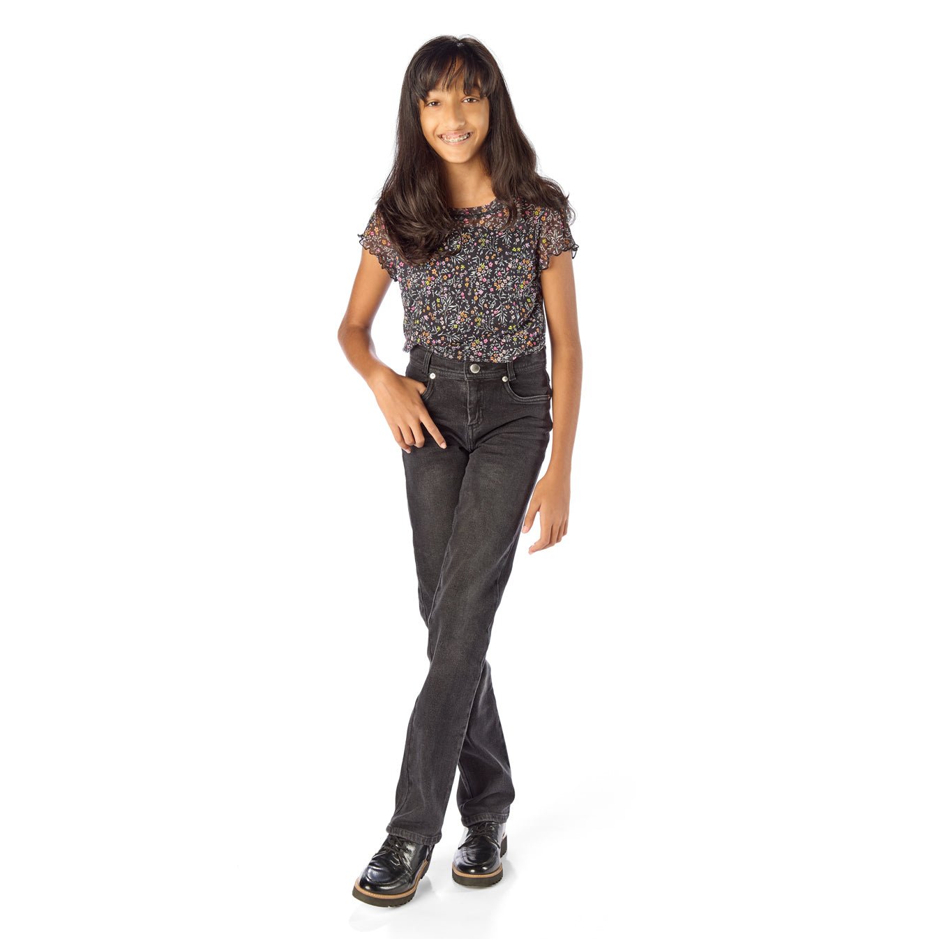Tall Thin Girl Wearing Slim-Fit Extra Long Tall Black Jeans / StiltBird Apparel