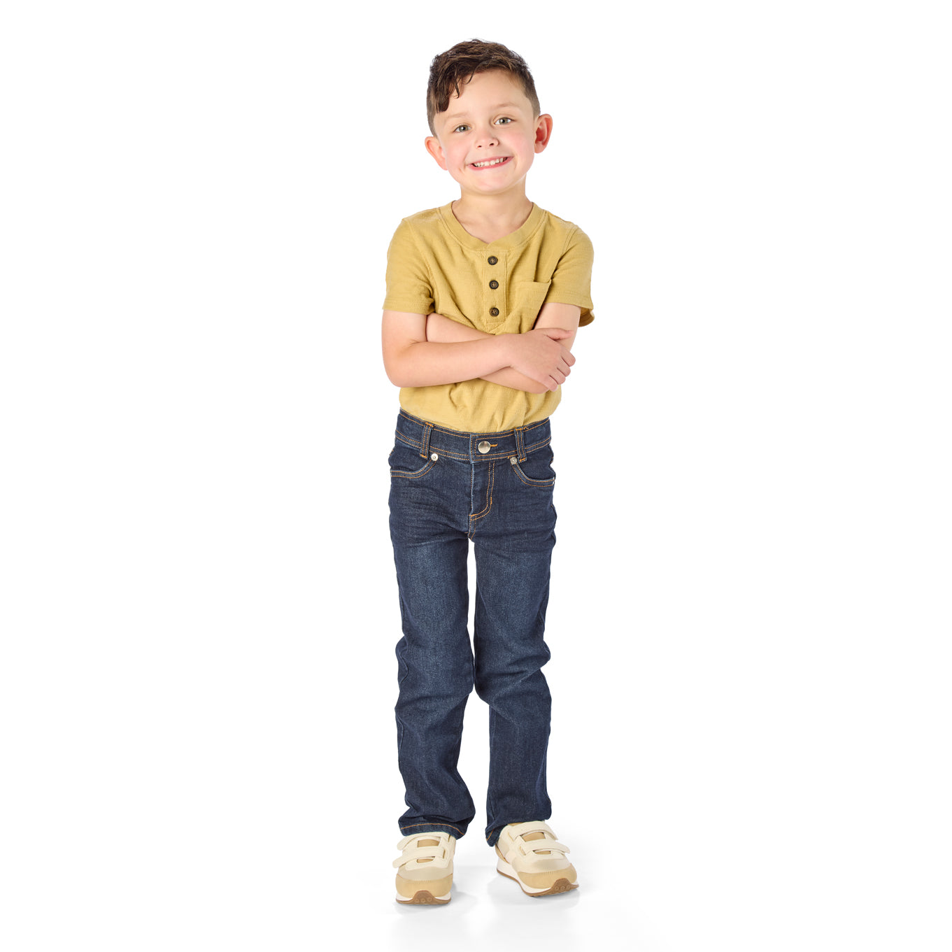 Five Year Old Boy Wearing Dark Wash Alex Cut Slim-Fit Jeans / StiltBird Apparel