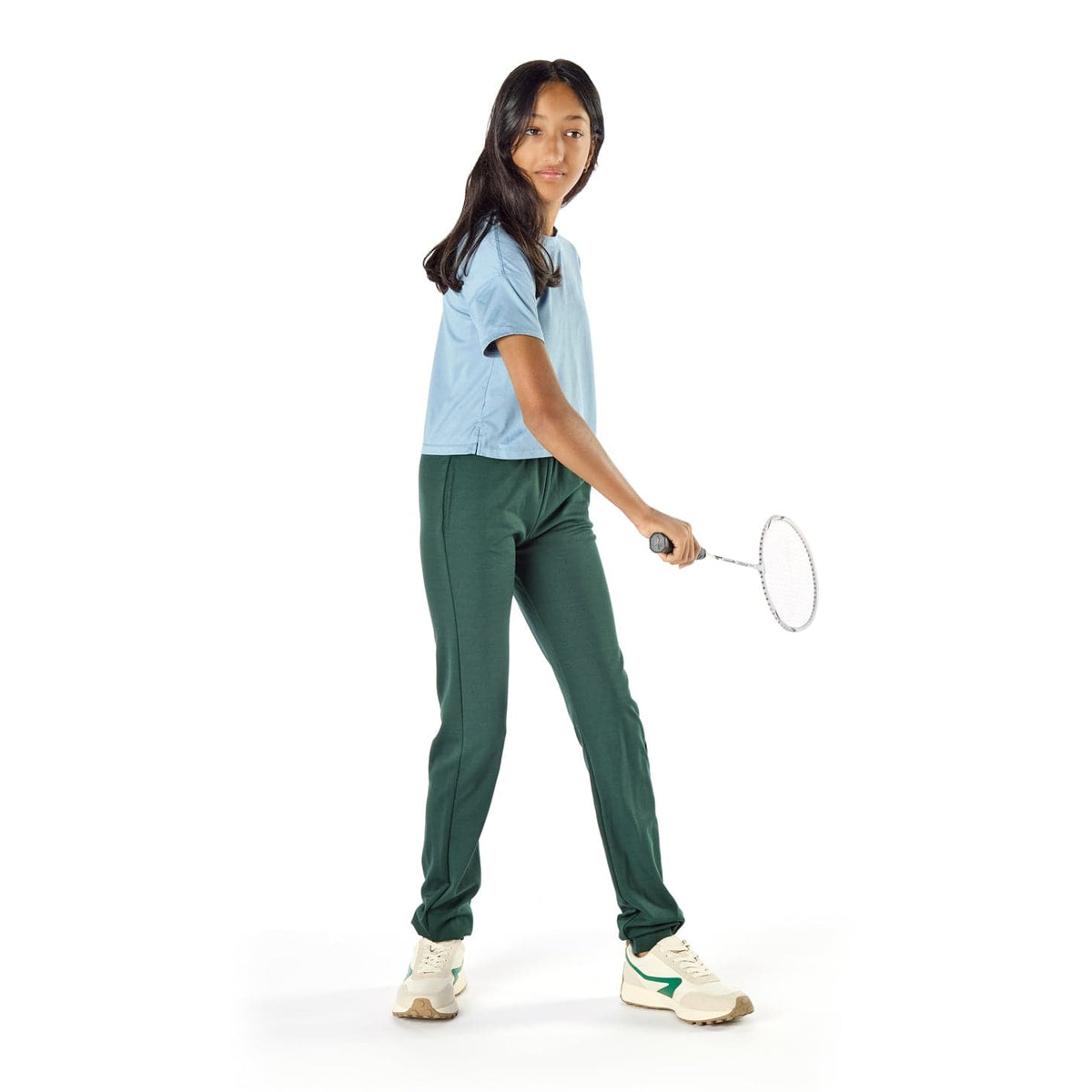 Tall Thin Girl Wearing Slim-Fit Tall Athletic Joggers Playing Badminton