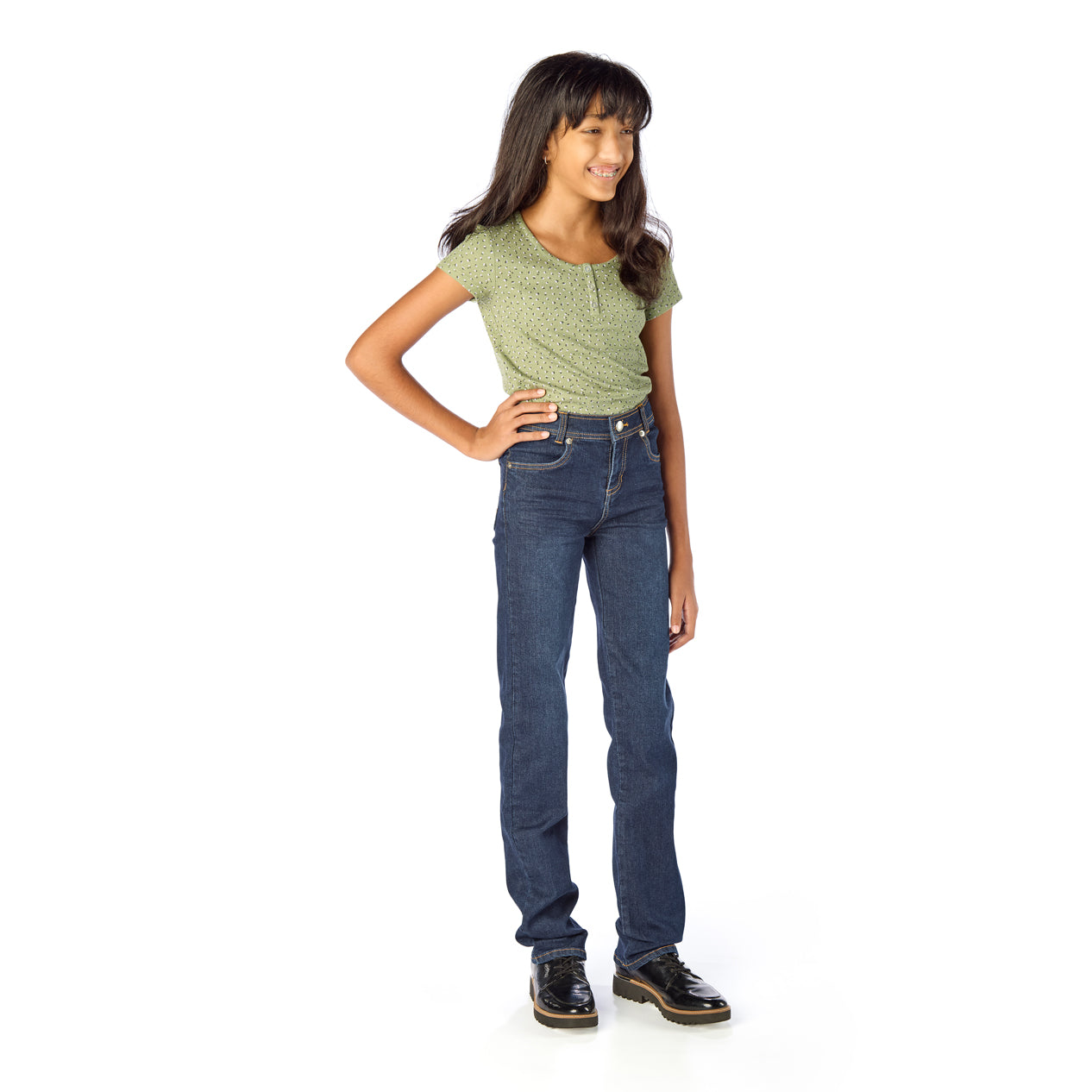 Young Girl Wearing Alex Cut Dark Wash Jeans / StiltBird Apparel